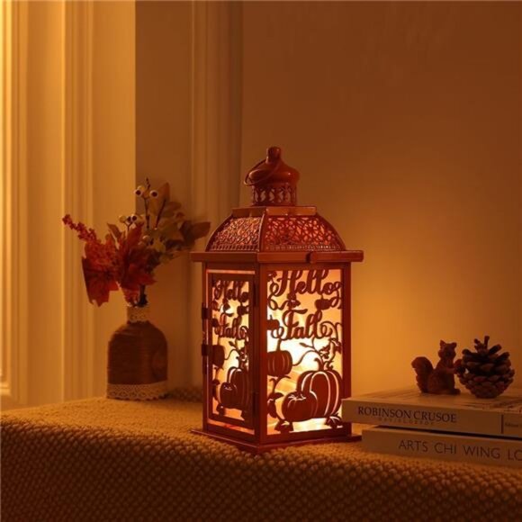 Fall Decorations for Home, Orange Decorative Candle Lantern for Tabletop Mantle - Picture 2 of 8